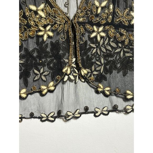 GORGOUS VINTAGE Black Gold Silky Beaded Embroidered Jacket Blouse Top L/XL - Picture 2 of 8